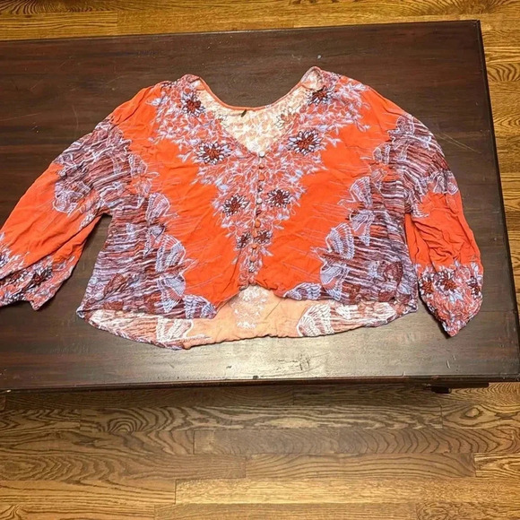 Free People Tops - Free People burnt orange and blue loose pheasant dress with bird print size L